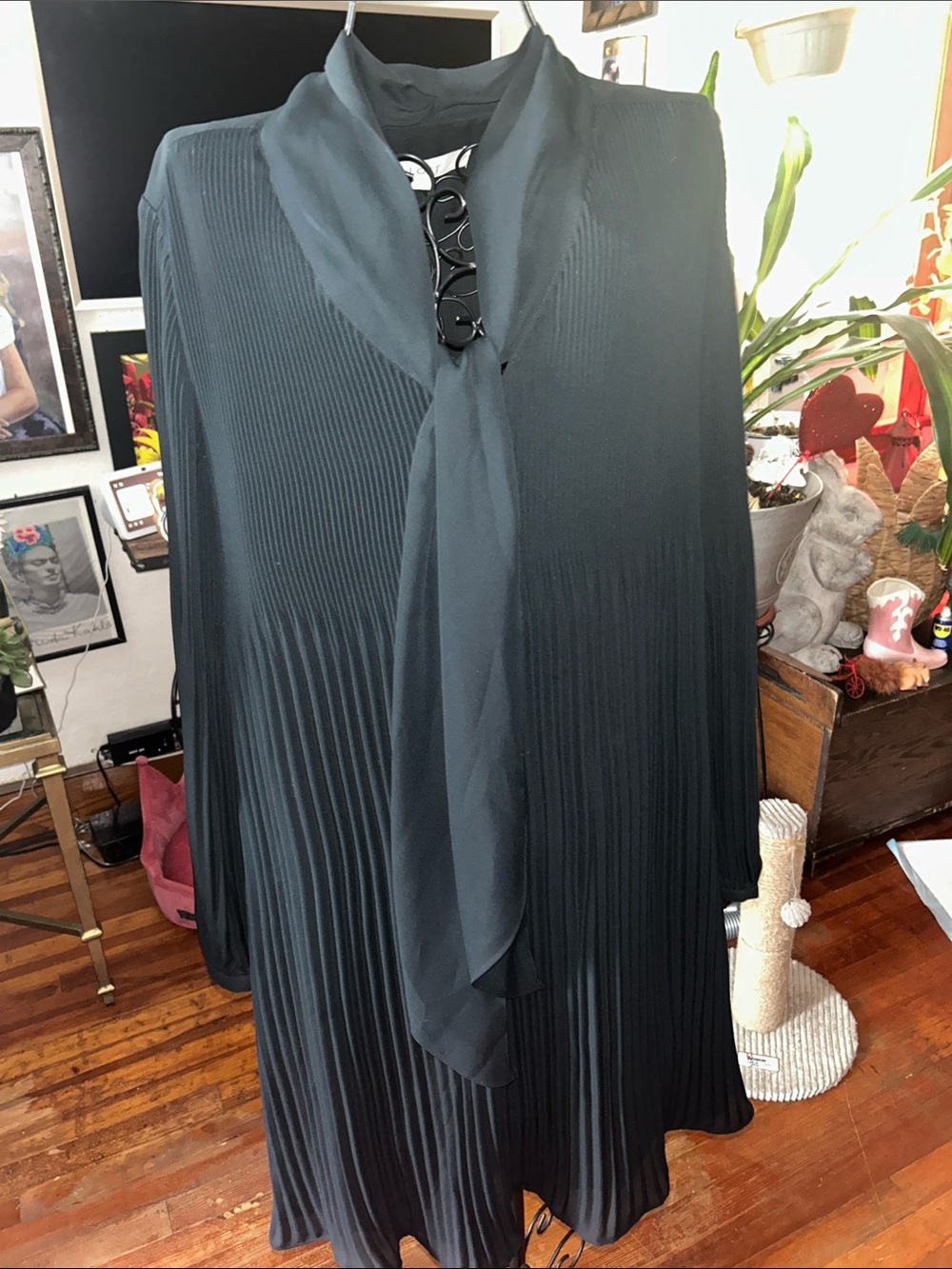 LOFT Black Pleated Long-Sleeve Tie-Neck Dress